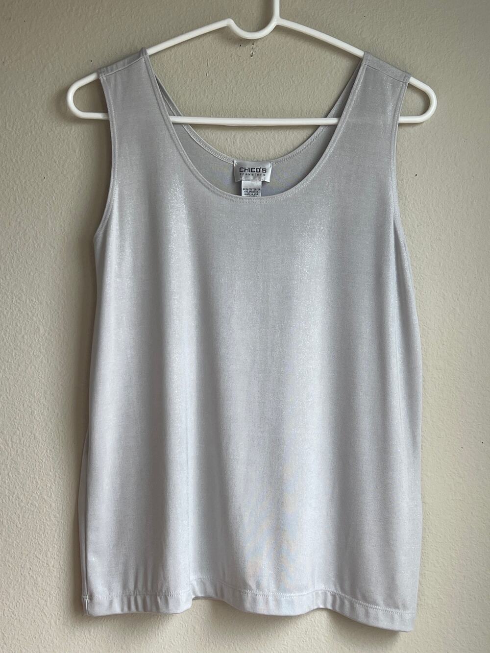 Chicos Travelers Metallic Silver Shimmer Knit Scoop Neck Tank Top Size 2 Large
